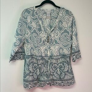 Soft Surroundings Women's Blouse - Teal and White Pattern